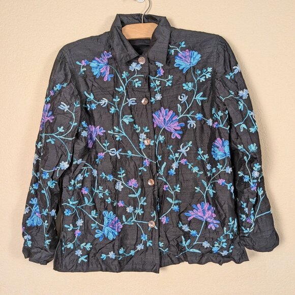 Laura Ashley Black Floral Silk Jacket Lined Embroidered Button Down sz M Cottage - Picture 1 of 8